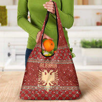 Albania Christmas Grocery Bag with Red Geometric Design, Golden Double-Headed Eagle, and Santa Motif - Wonder Print Shop