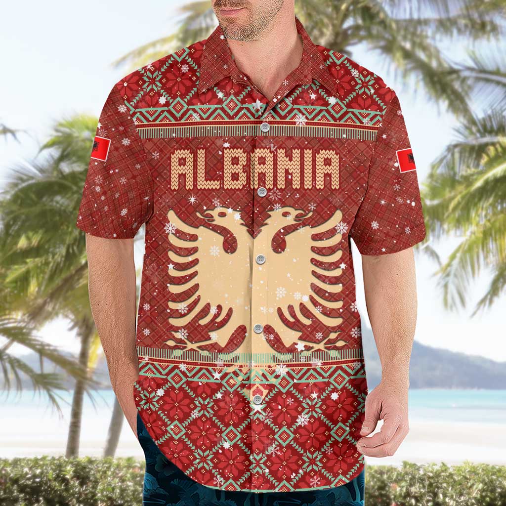 Albania Christmas Hawaiian Shirt with Red Geometric Design, Golden Double-Headed Eagle, and Santa Motif - Wonder Print Shop