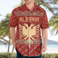 Albania Christmas Hawaiian Shirt with Red Geometric Design, Golden Double-Headed Eagle, and Santa Motif - Wonder Print Shop