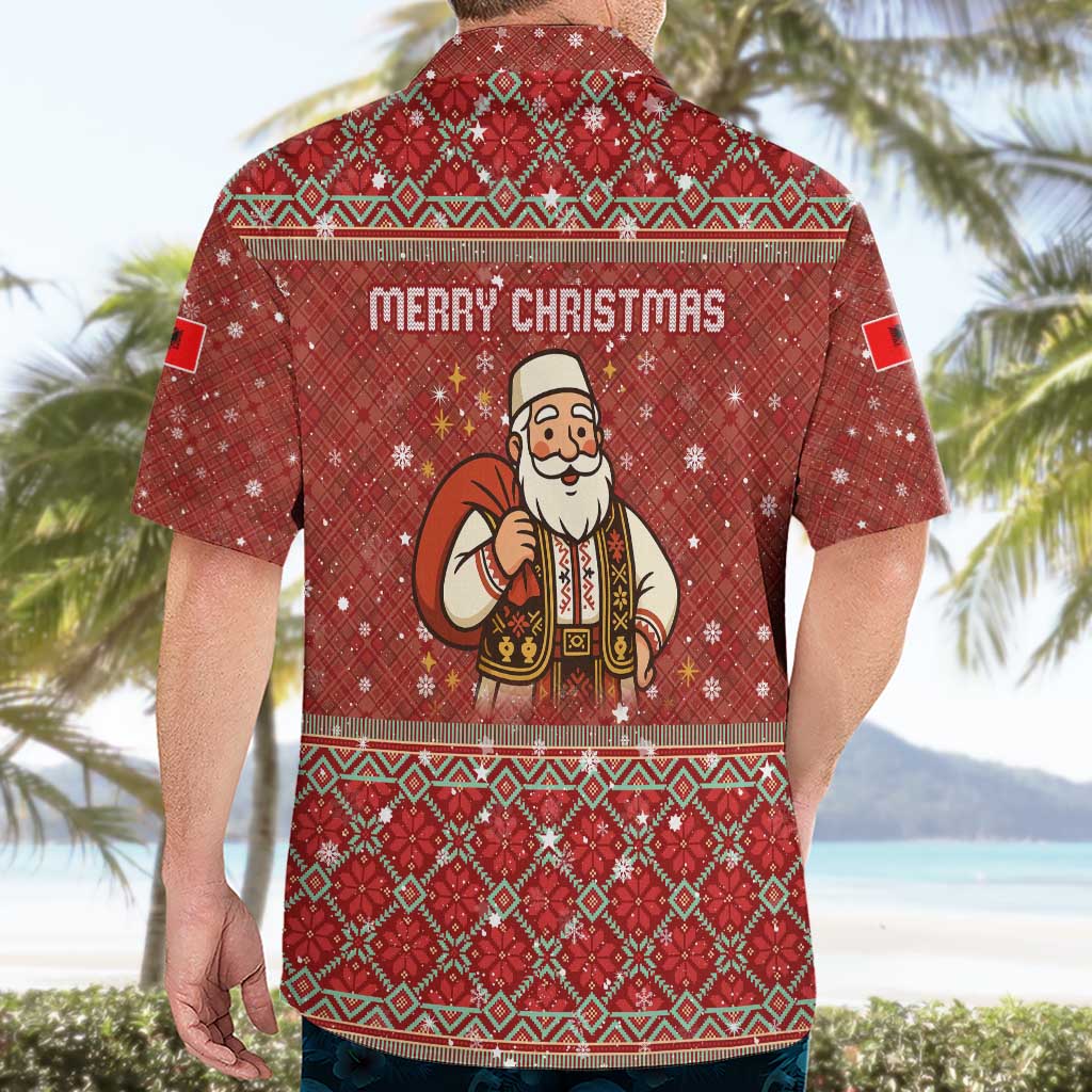 Albania Christmas Hawaiian Shirt with Red Geometric Design, Golden Double-Headed Eagle, and Santa Motif - Wonder Print Shop