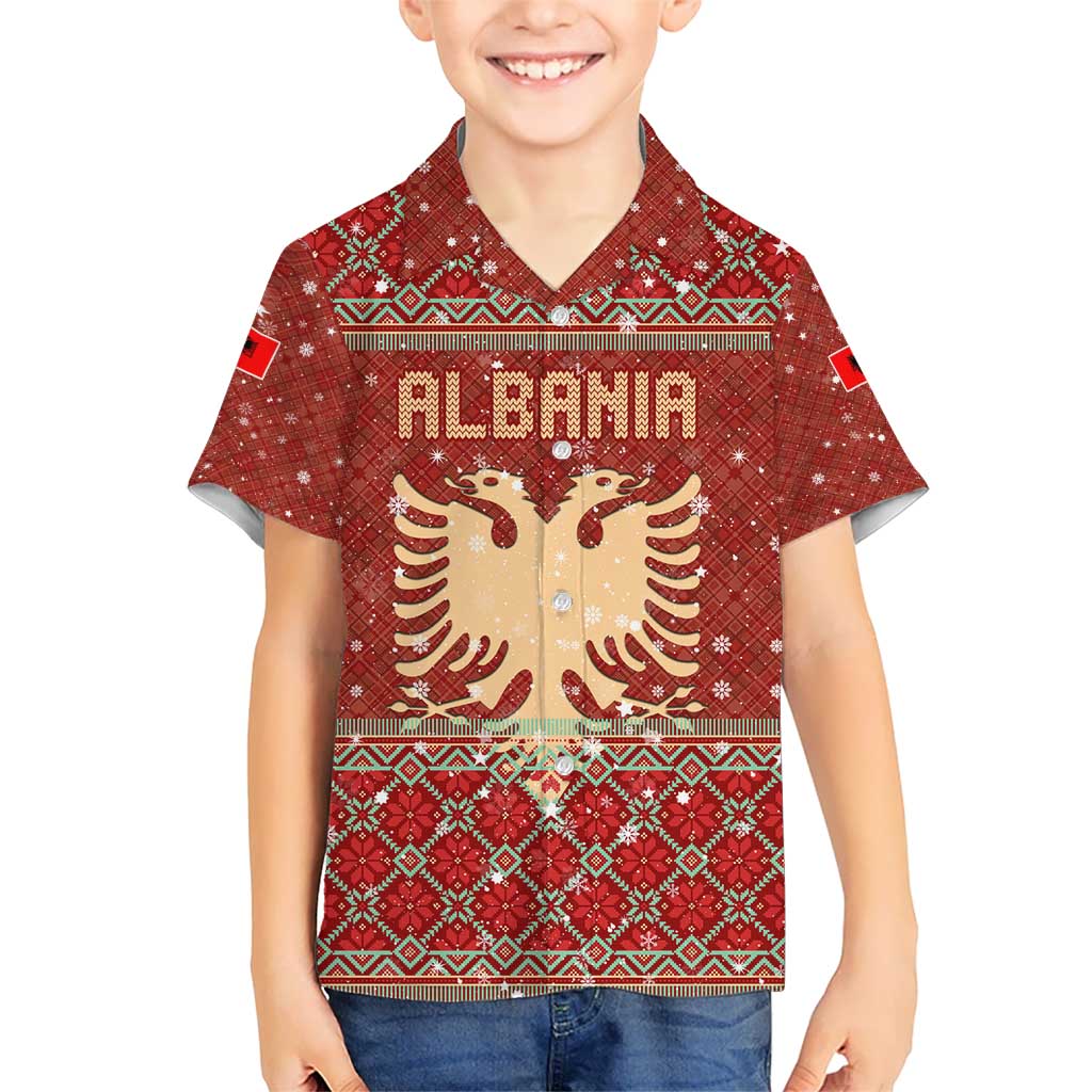 Albania Christmas Hawaiian Shirt with Red Geometric Design, Golden Double-Headed Eagle, and Santa Motif - Wonder Print Shop