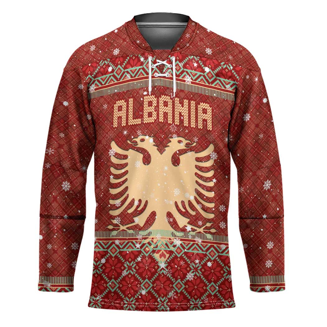 Albania Christmas Hockey Jersey with Red Geometric Design, Golden Double-Headed Eagle, and Santa Motif - Wonder Print Shop
