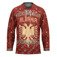 Albania Christmas Hockey Jersey with Red Geometric Design, Golden Double-Headed Eagle, and Santa Motif - Wonder Print Shop