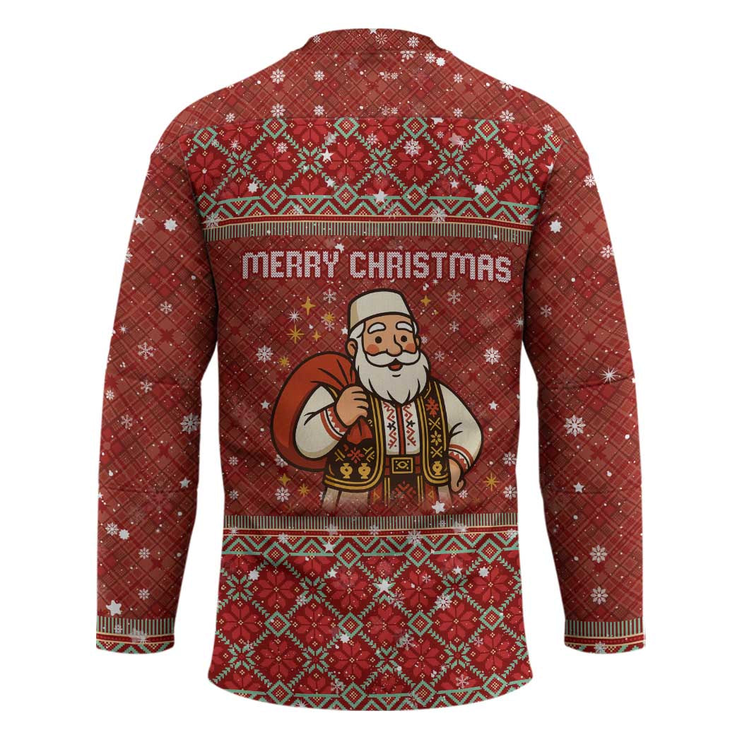 Albania Christmas Hockey Jersey with Red Geometric Design, Golden Double-Headed Eagle, and Santa Motif - Wonder Print Shop