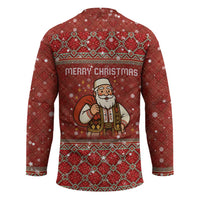 Albania Christmas Hockey Jersey with Red Geometric Design, Golden Double-Headed Eagle, and Santa Motif - Wonder Print Shop