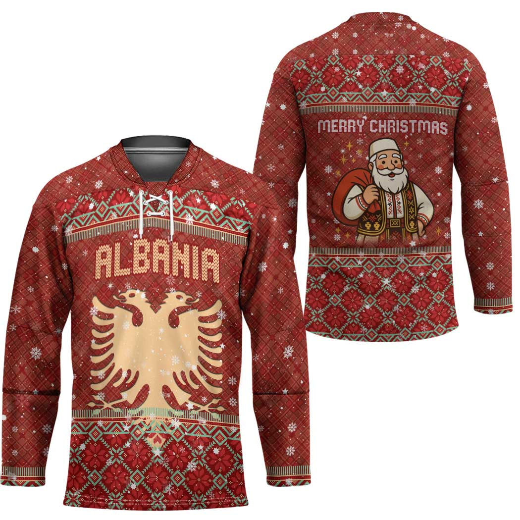 Albania Christmas Hockey Jersey with Red Geometric Design, Golden Double-Headed Eagle, and Santa Motif - Wonder Print Shop