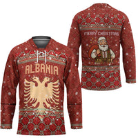 Albania Christmas Hockey Jersey with Red Geometric Design, Golden Double-Headed Eagle, and Santa Motif - Wonder Print Shop