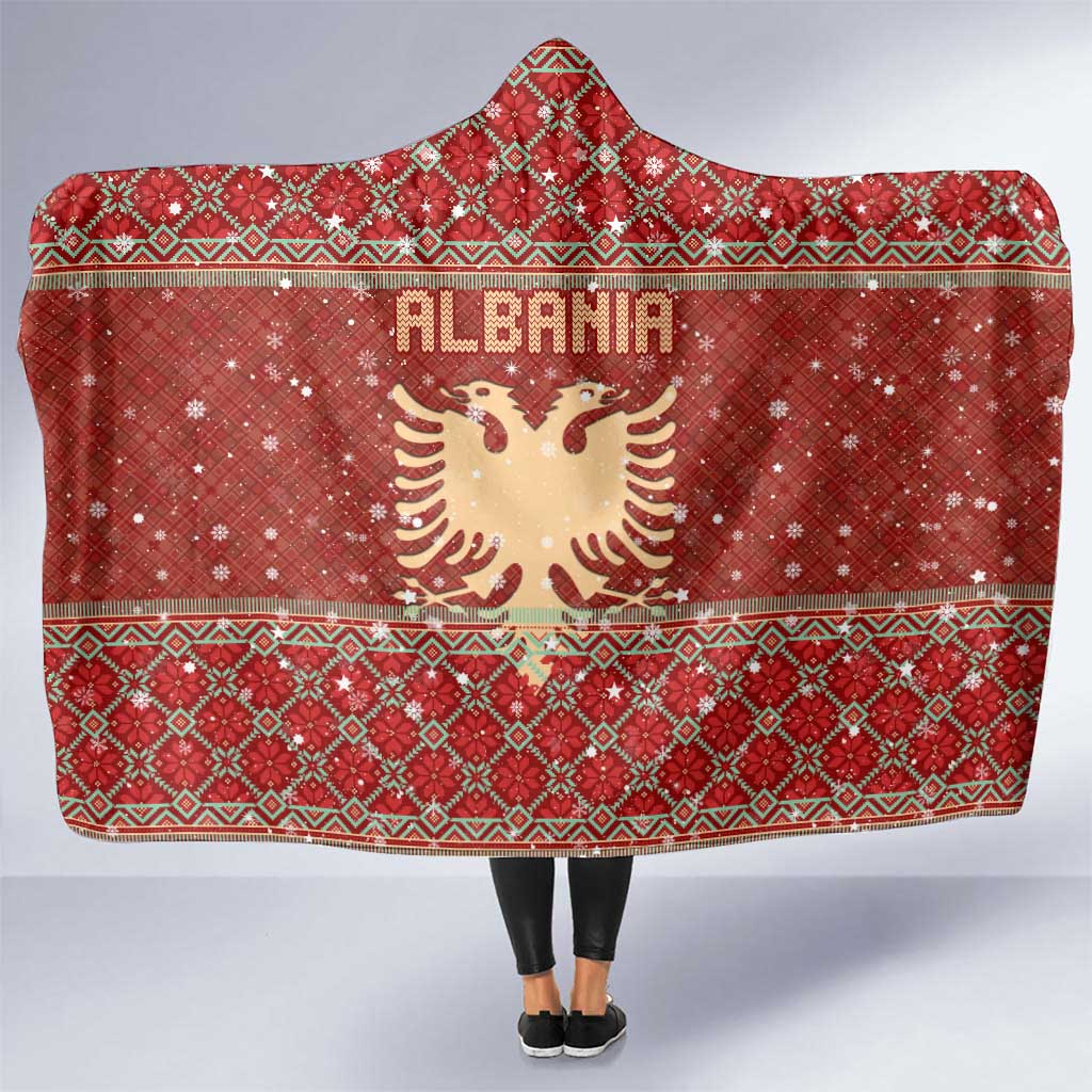 Albania Christmas Hooded Blanket with Red Geometric Design, Golden Double-Headed Eagle, and Santa Motif - Wonder Print Shop