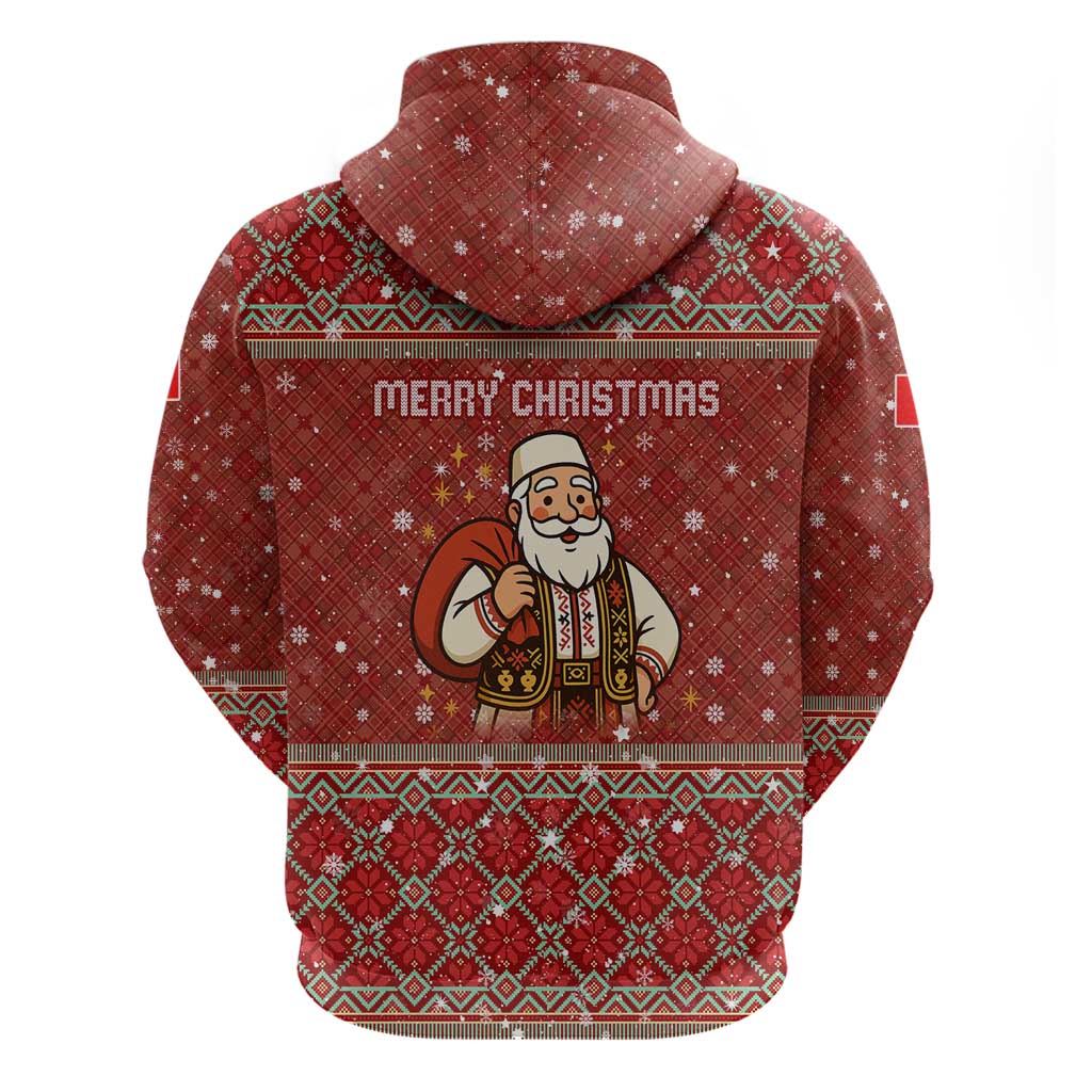 Albania Christmas Hoodie with Red Geometric Design, Golden Double-Headed Eagle, and Santa Motif - Wonder Print Shop