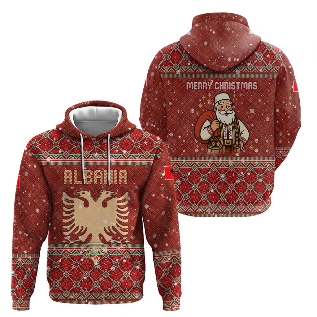 Albania Christmas Hoodie with Red Geometric Design, Golden Double-Headed Eagle, and Santa Motif - Wonder Print Shop