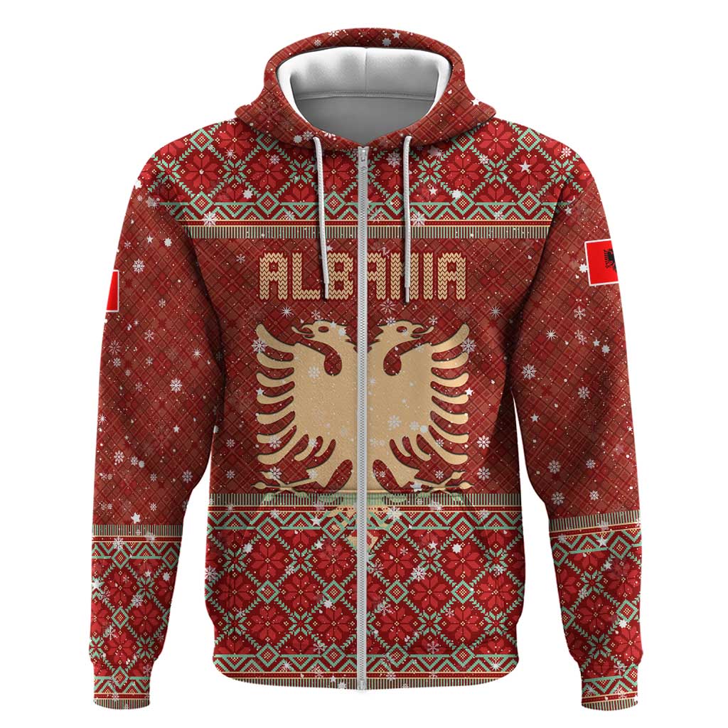 Albania Christmas Hoodie with Red Geometric Design, Golden Double-Headed Eagle, and Santa Motif - Wonder Print Shop
