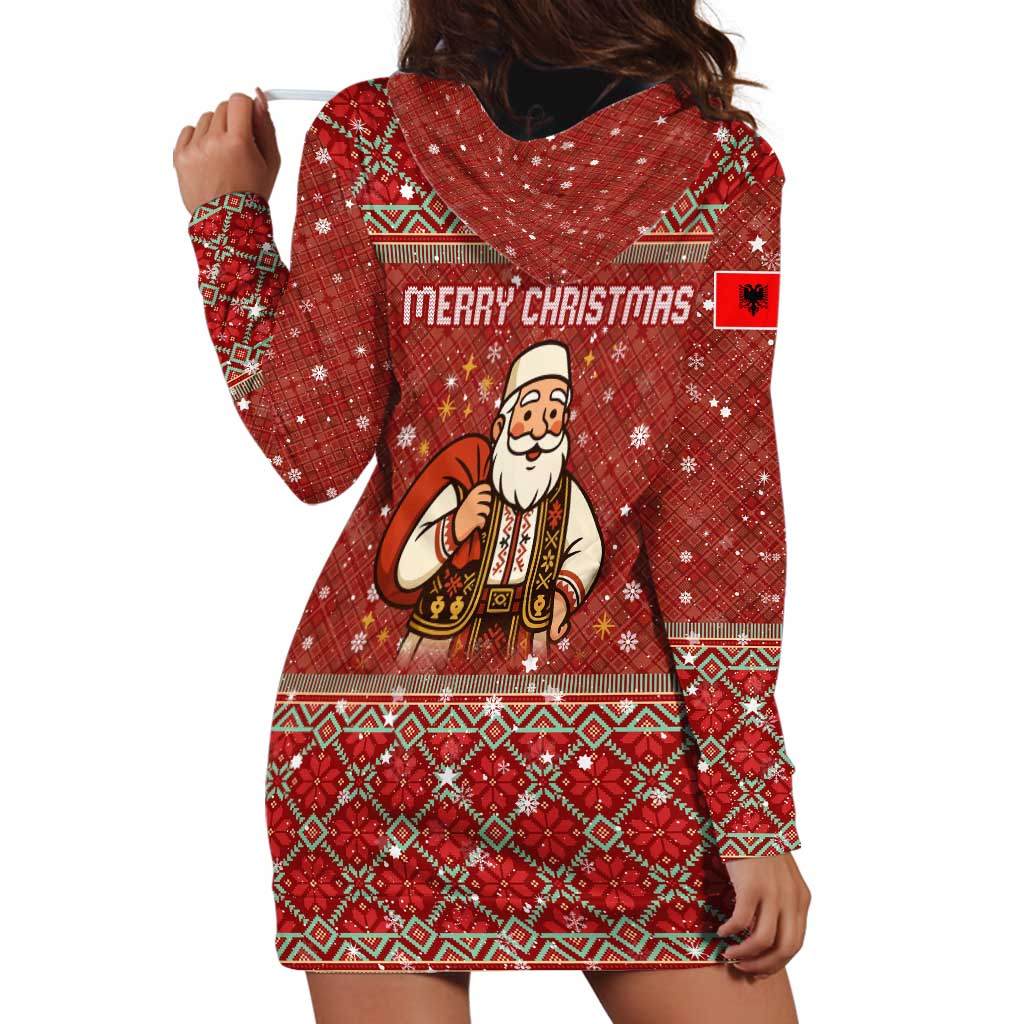 Albania Christmas Hoodie Dress with Red Geometric Design, Golden Double-Headed Eagle, and Santa Motif - Wonder Print Shop