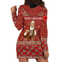 Albania Christmas Hoodie Dress with Red Geometric Design, Golden Double-Headed Eagle, and Santa Motif - Wonder Print Shop