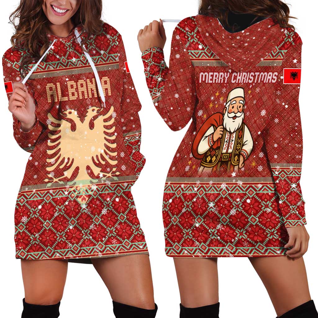 Albania Christmas Hoodie Dress with Red Geometric Design, Golden Double-Headed Eagle, and Santa Motif - Wonder Print Shop