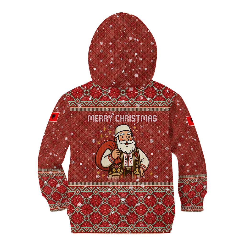 Albania Christmas Kid Hoodie with Red Geometric Design, Golden Double-Headed Eagle, and Santa Motif - Wonder Print Shop