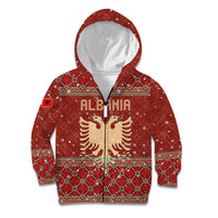 Albania Christmas Kid Hoodie with Red Geometric Design, Golden Double-Headed Eagle, and Santa Motif - Wonder Print Shop