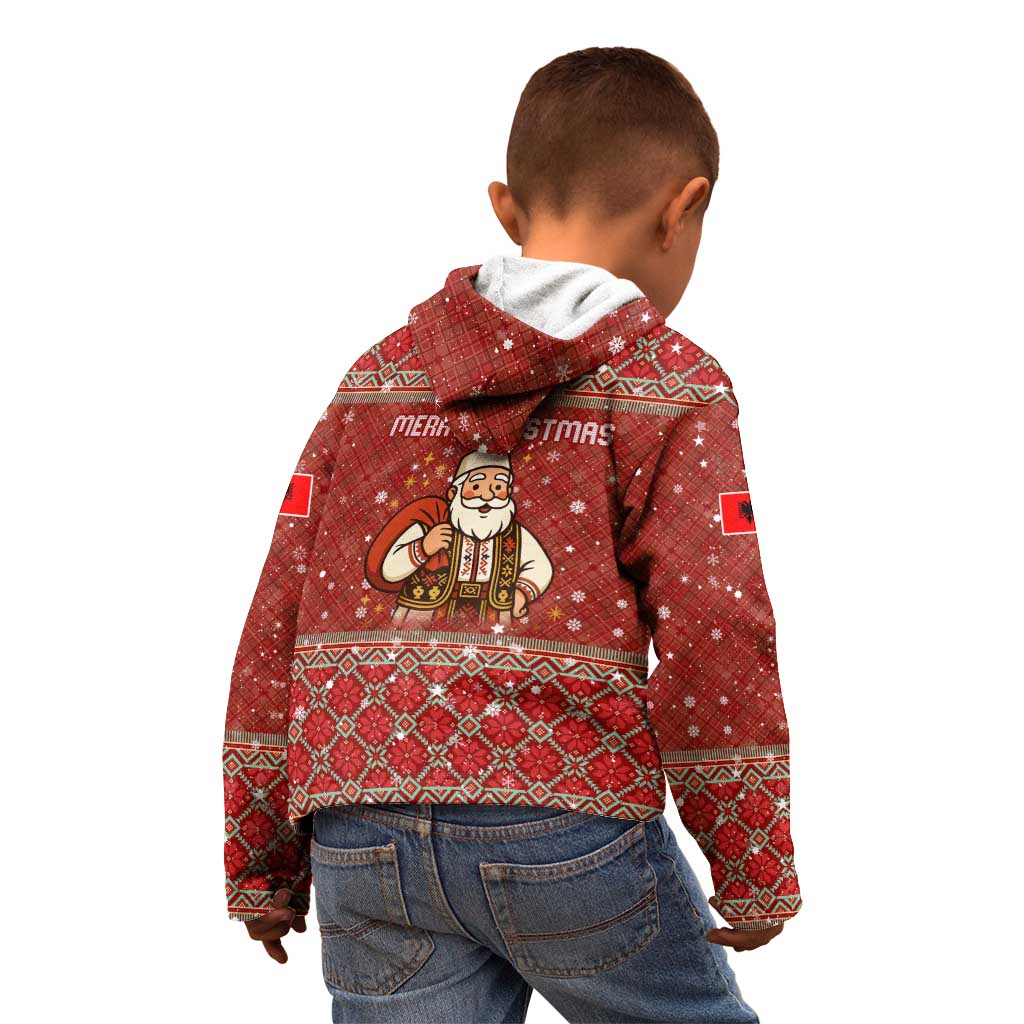 Albania Christmas Kid Hoodie with Red Geometric Design, Golden Double-Headed Eagle, and Santa Motif - Wonder Print Shop