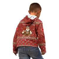 Albania Christmas Kid Hoodie with Red Geometric Design, Golden Double-Headed Eagle, and Santa Motif - Wonder Print Shop