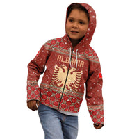Albania Christmas Kid Hoodie with Red Geometric Design, Golden Double-Headed Eagle, and Santa Motif - Wonder Print Shop