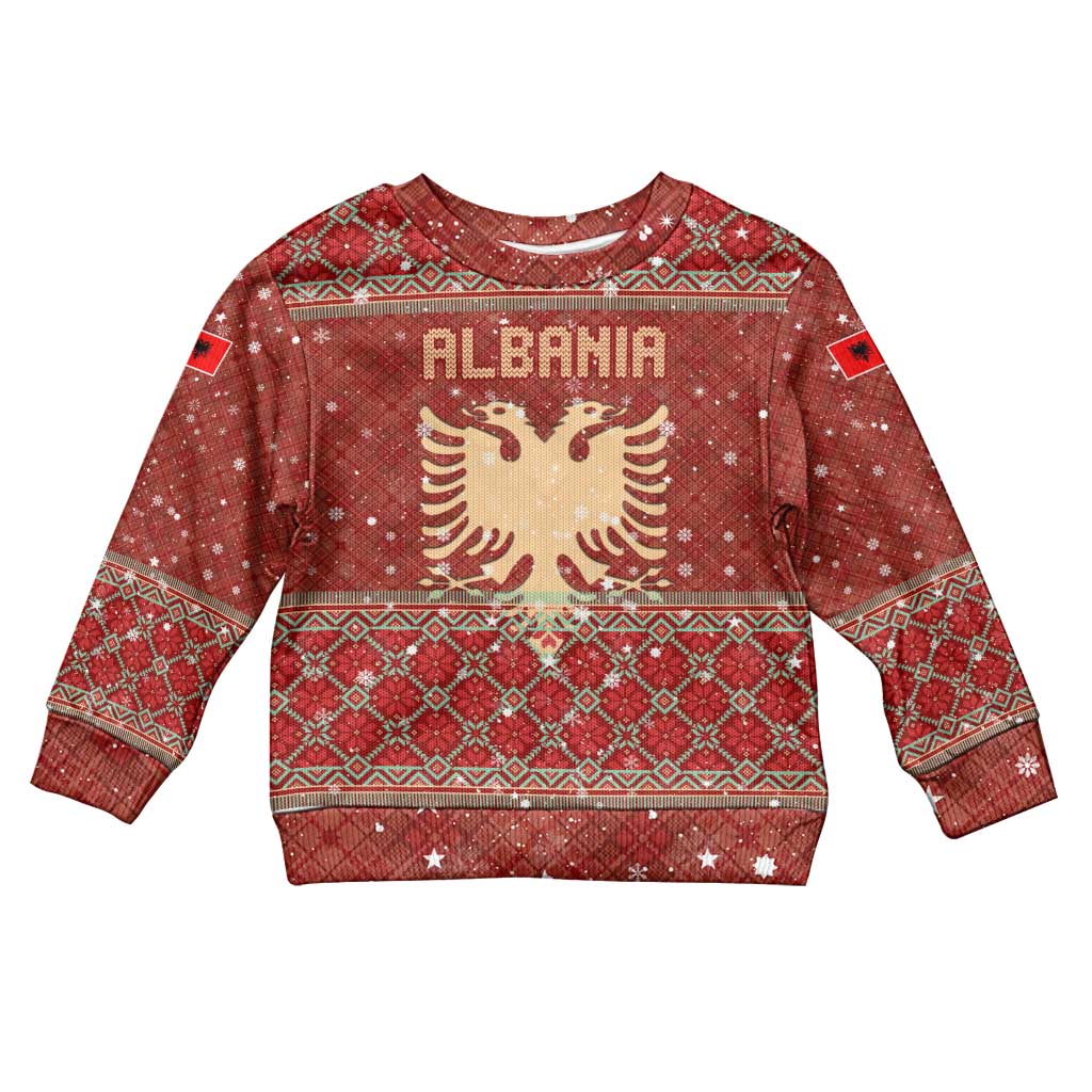 Albania Christmas Kid Ugly Christmas Sweater with Red Geometric Design, Golden Double-Headed Eagle, and Santa Motif - Wonder Print Shop