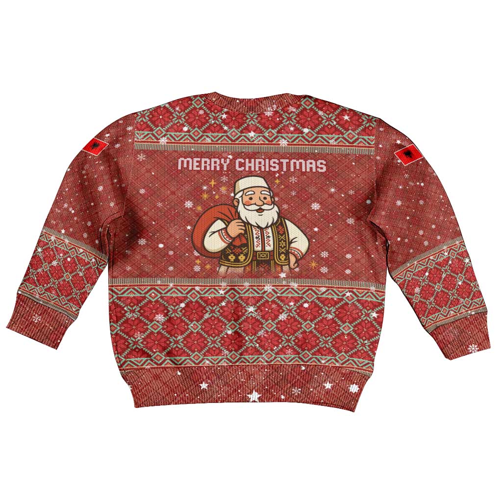 Albania Christmas Kid Ugly Christmas Sweater with Red Geometric Design, Golden Double-Headed Eagle, and Santa Motif - Wonder Print Shop