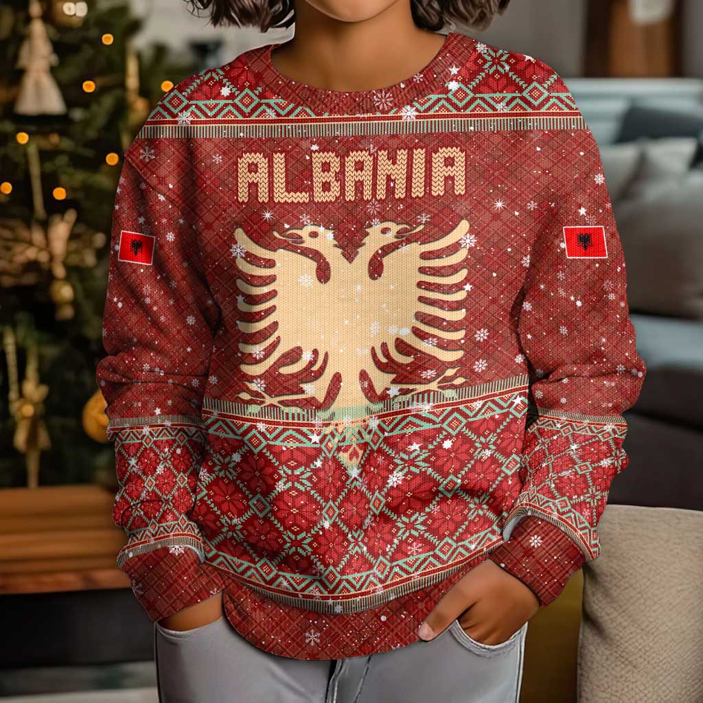 Albania Christmas Kid Ugly Christmas Sweater with Red Geometric Design, Golden Double-Headed Eagle, and Santa Motif - Wonder Print Shop