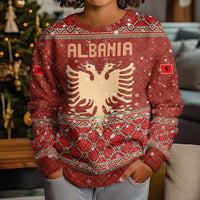 Albania Christmas Kid Ugly Christmas Sweater with Red Geometric Design, Golden Double-Headed Eagle, and Santa Motif - Wonder Print Shop