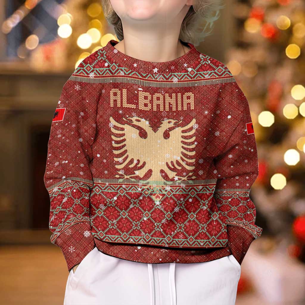 Albania Christmas Kid Ugly Christmas Sweater with Red Geometric Design, Golden Double-Headed Eagle, and Santa Motif - Wonder Print Shop