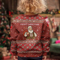 Albania Christmas Kid Ugly Christmas Sweater with Red Geometric Design, Golden Double-Headed Eagle, and Santa Motif - Wonder Print Shop