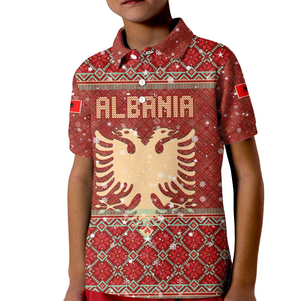 Albania Christmas Kid Polo Shirt with Red Geometric Design, Golden Double-Headed Eagle, and Santa Motif - Wonder Print Shop