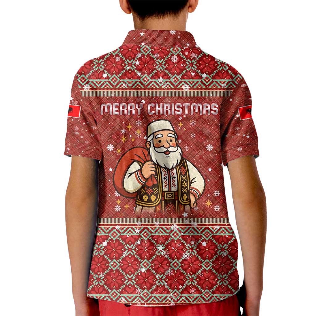 Albania Christmas Kid Polo Shirt with Red Geometric Design, Golden Double-Headed Eagle, and Santa Motif - Wonder Print Shop