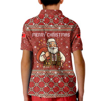 Albania Christmas Kid Polo Shirt with Red Geometric Design, Golden Double-Headed Eagle, and Santa Motif - Wonder Print Shop