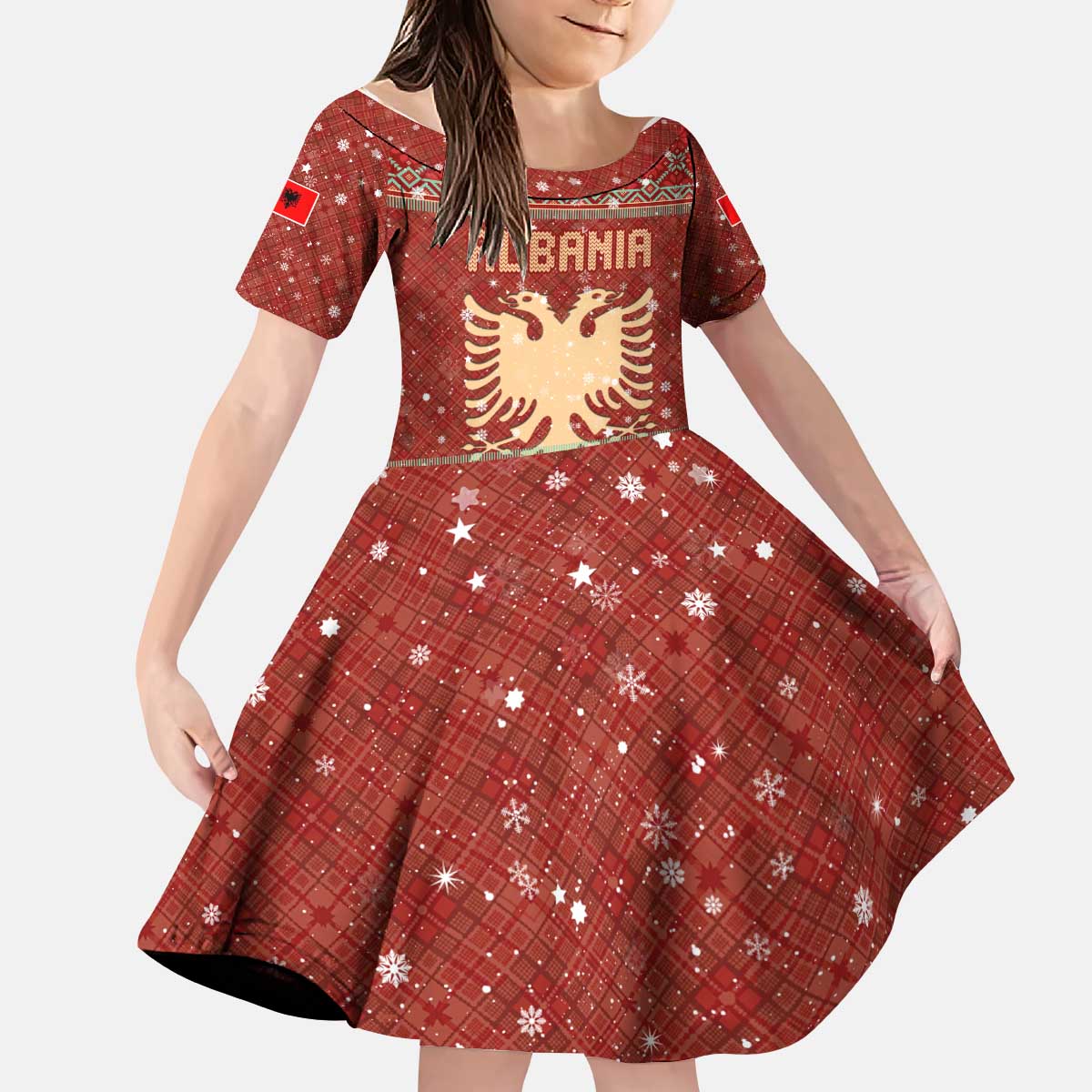 Albania Christmas Kid Short Sleeve Dress with Red Geometric Design, Golden Double-Headed Eagle, and Santa Motif - Wonder Print Shop