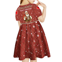 Albania Christmas Kid Short Sleeve Dress with Red Geometric Design, Golden Double-Headed Eagle, and Santa Motif - Wonder Print Shop