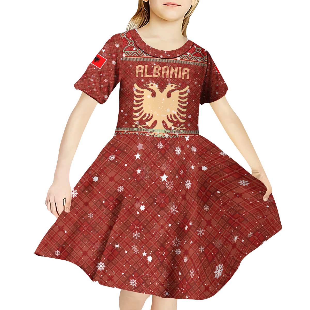 Albania Christmas Kid Short Sleeve Dress with Red Geometric Design, Golden Double-Headed Eagle, and Santa Motif - Wonder Print Shop