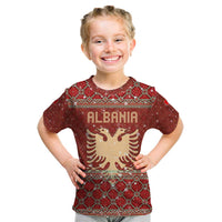 Albania Christmas Kid T Shirt with Red Geometric Design, Golden Double-Headed Eagle, and Santa Motif - Wonder Print Shop