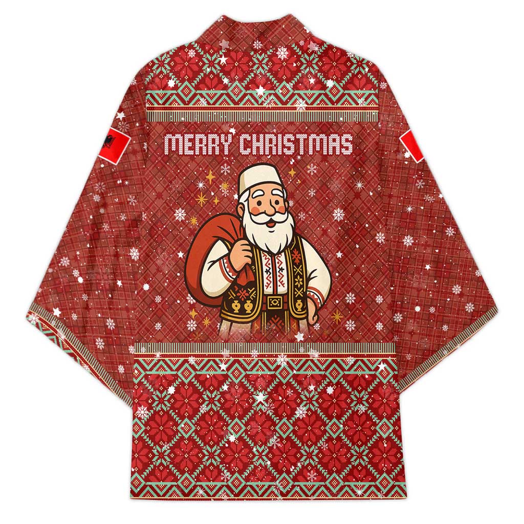 Albania Christmas Kimono with Red Geometric Design, Golden Double-Headed Eagle, and Santa Motif - Wonder Print Shop