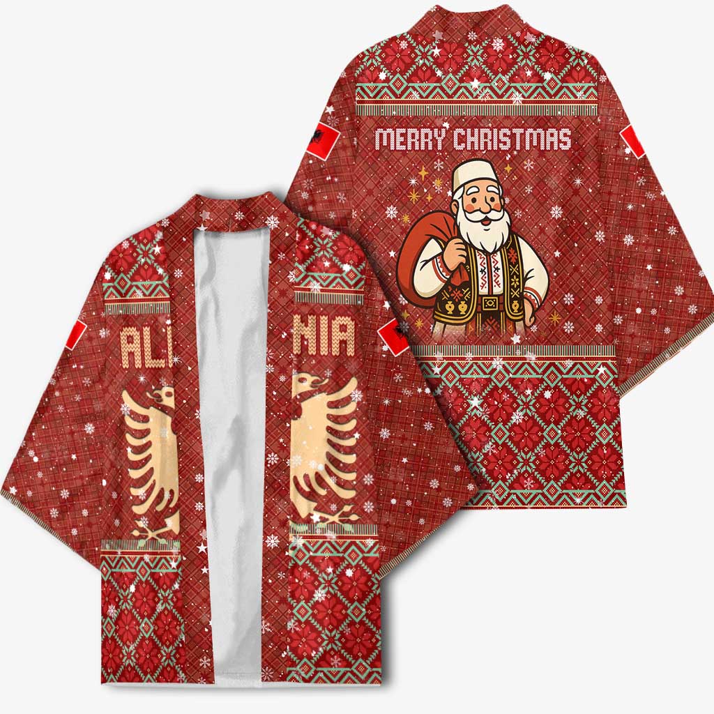 Albania Christmas Kimono with Red Geometric Design, Golden Double-Headed Eagle, and Santa Motif - Wonder Print Shop