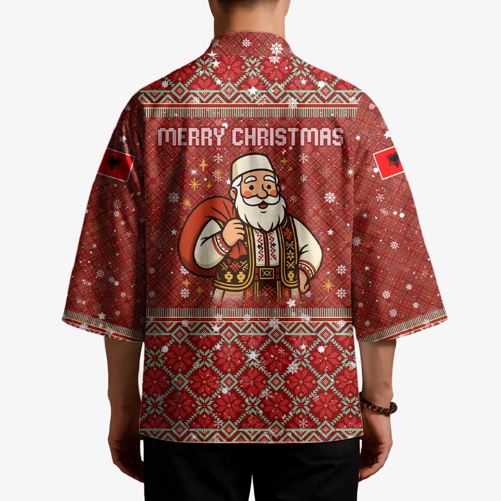 Albania Christmas Kimono with Red Geometric Design, Golden Double-Headed Eagle, and Santa Motif - Wonder Print Shop