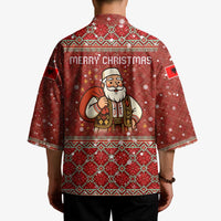 Albania Christmas Kimono with Red Geometric Design, Golden Double-Headed Eagle, and Santa Motif - Wonder Print Shop