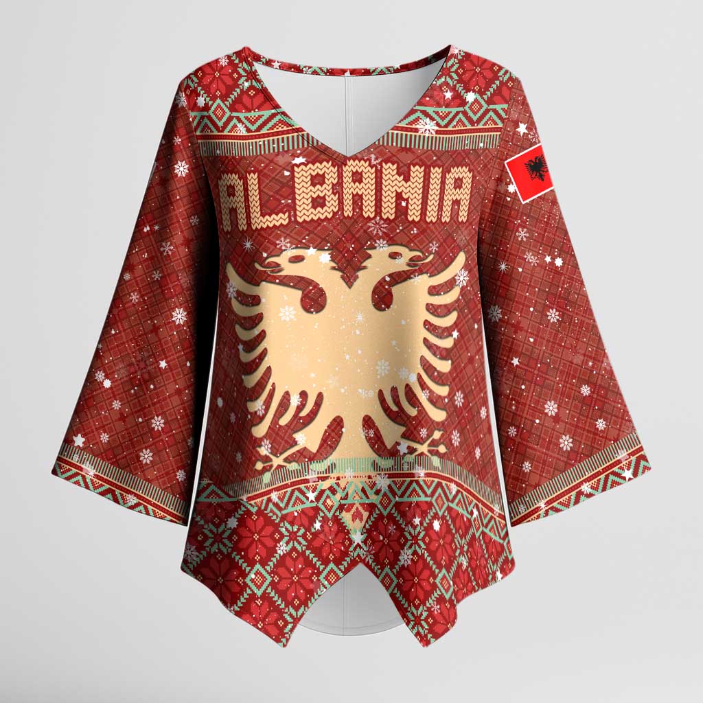 Albania Christmas Kimono Sleeve Blouse with Red Geometric Design, Golden Double-Headed Eagle, and Santa Motif - Wonder Print Shop