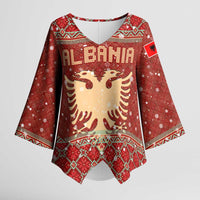 Albania Christmas Kimono Sleeve Blouse with Red Geometric Design, Golden Double-Headed Eagle, and Santa Motif - Wonder Print Shop