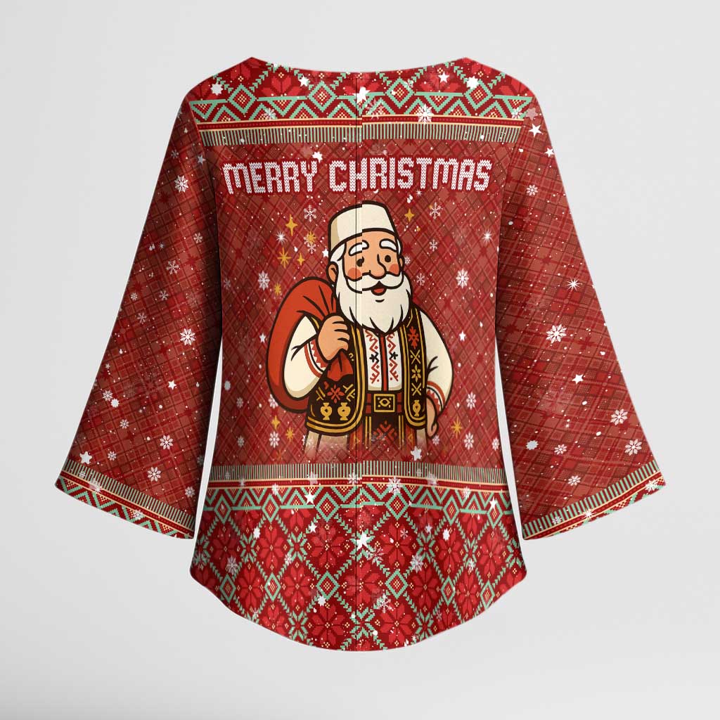Albania Christmas Kimono Sleeve Blouse with Red Geometric Design, Golden Double-Headed Eagle, and Santa Motif - Wonder Print Shop