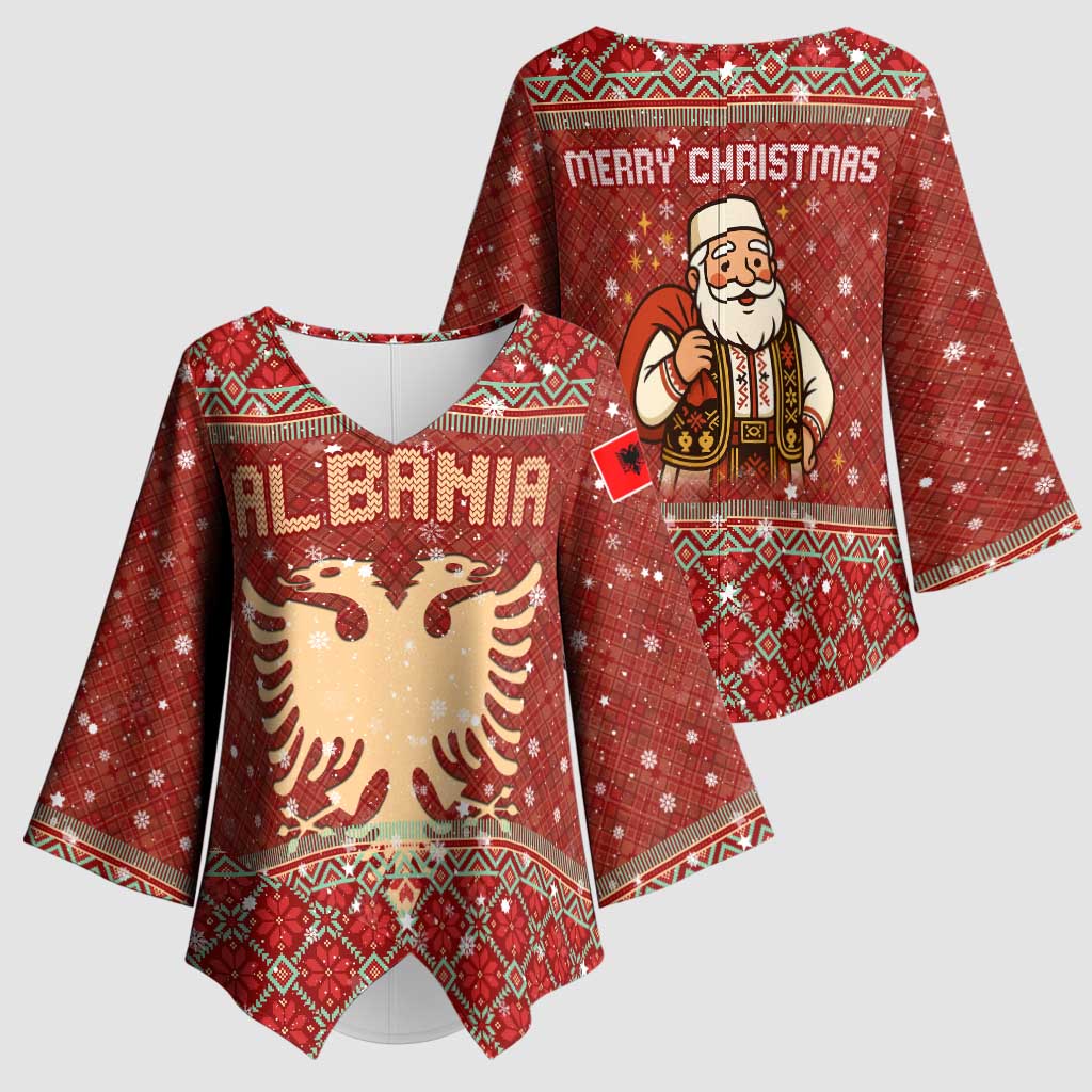Albania Christmas Kimono Sleeve Blouse with Red Geometric Design, Golden Double-Headed Eagle, and Santa Motif - Wonder Print Shop