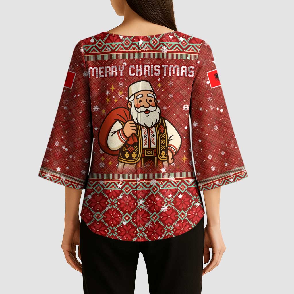 Albania Christmas Kimono Sleeve Blouse with Red Geometric Design, Golden Double-Headed Eagle, and Santa Motif - Wonder Print Shop