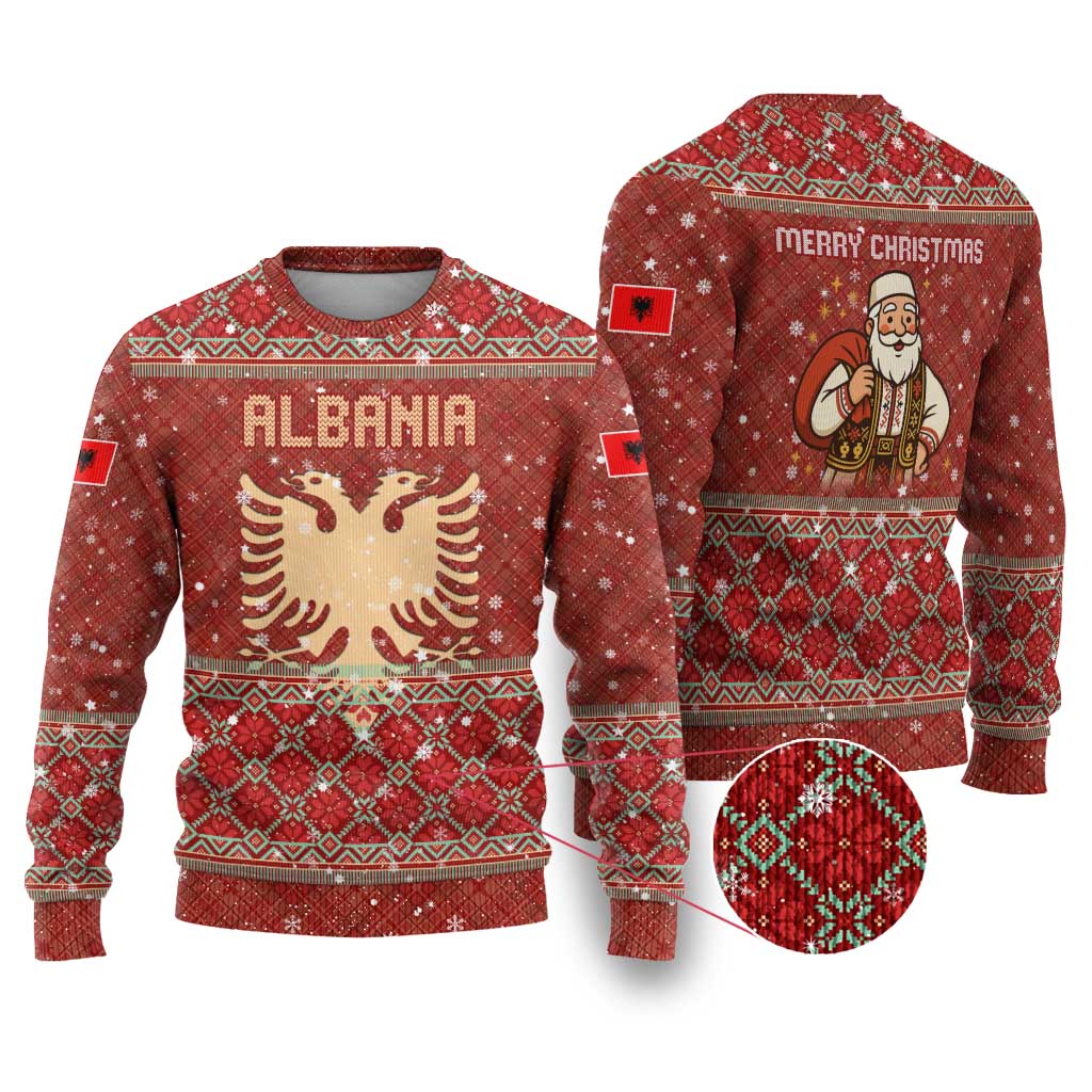 Albania Christmas Ugly Christmas Sweater with Red Geometric Design, Golden Double-Headed Eagle, and Santa Motif - Wonder Print Shop