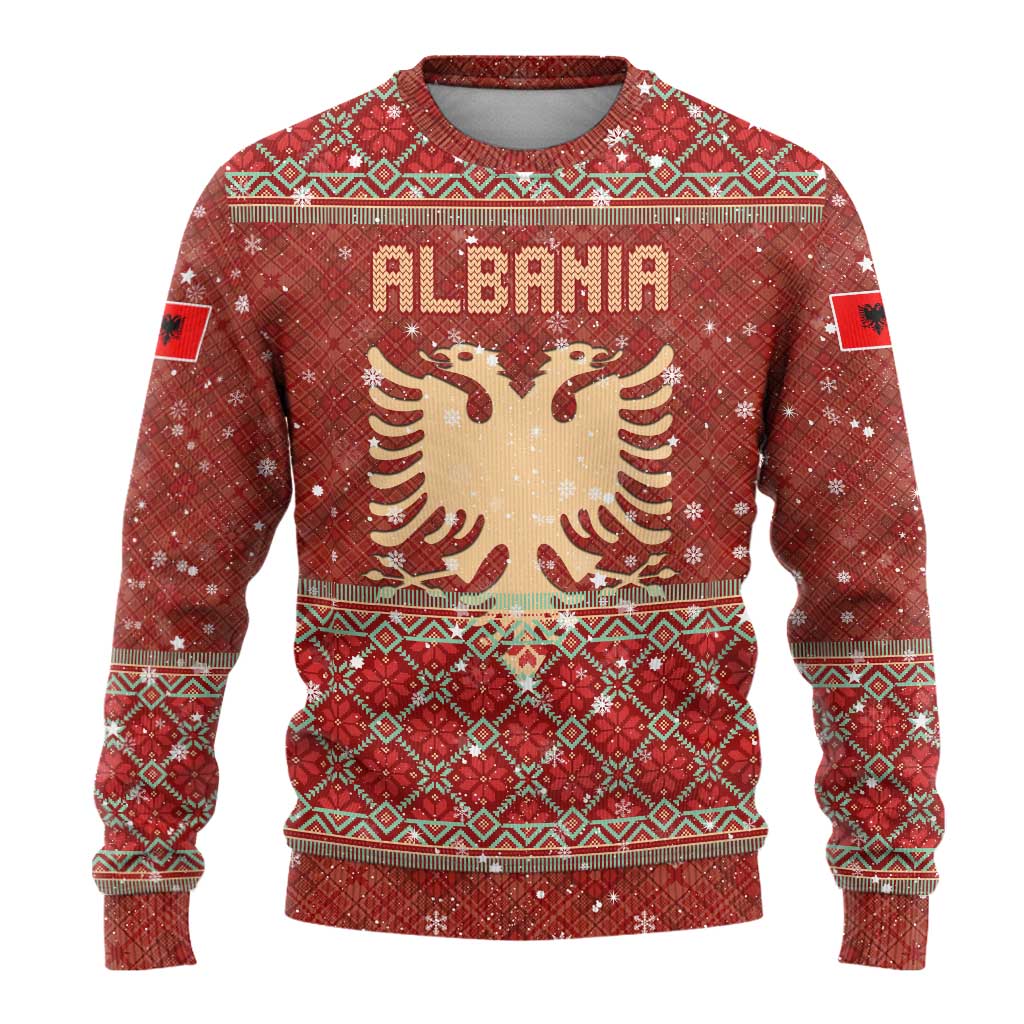 Albania Christmas Ugly Christmas Sweater with Red Geometric Design, Golden Double-Headed Eagle, and Santa Motif - Wonder Print Shop