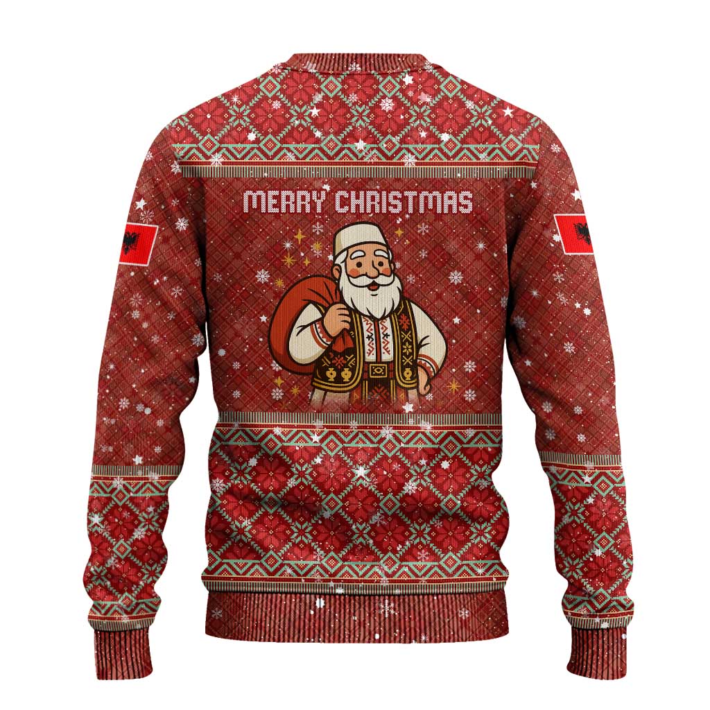 Albania Christmas Ugly Christmas Sweater with Red Geometric Design, Golden Double-Headed Eagle, and Santa Motif - Wonder Print Shop