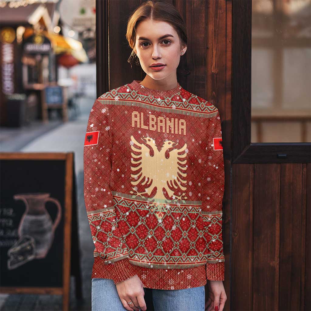 Albania Christmas Ugly Christmas Sweater with Red Geometric Design, Golden Double-Headed Eagle, and Santa Motif - Wonder Print Shop