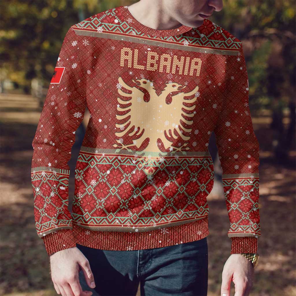 Albania Christmas Ugly Christmas Sweater with Red Geometric Design, Golden Double-Headed Eagle, and Santa Motif - Wonder Print Shop